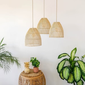 Rotan Hanglampenkap SUMBA SET VAN 3 | Rieten hanglamp | Boho hanglampen | Boerderij lichte schaduw | Boerderij Kroonluchter