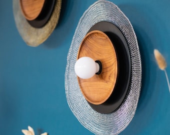Metal Mesh Round Wall Sconce | Plug In Round Wall Light | Wall Lighting Made With Silver Stainless Wire and Teak Wood | Gifts for the Home