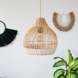 Handwoven Rattan Lampshade MOROTAI WHITE | Wicker Hanging Light | Boho Pendant Kitchen Island Lighting | Bedroom Lighting | Farmhouse Decor