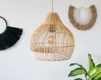 Handwoven Rattan Lampshade MOROTAI WHITE | Wicker Hanging Light | Boho Pendant Kitchen Island Lighting | Bedroom Lighting | Farmhouse Decor
