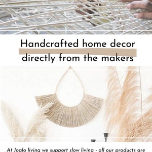 May include: Handcrafted home decor made by artisans. The image shows a person weaving a natural fiber basket and a decorative wall hanging made of natural materials.