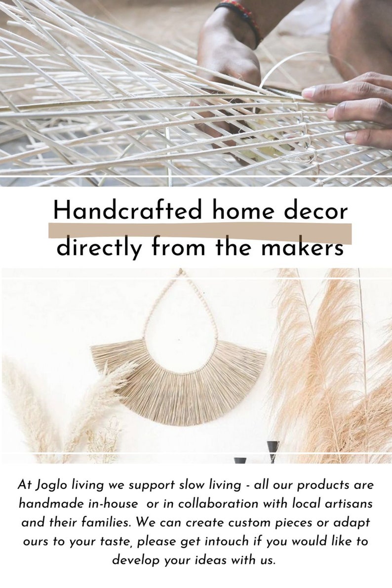 May include: Handcrafted home decor directly from the makers.  A close-up of a person weaving a natural fiber basket.  The basket is made of thin, light-colored strands woven together in a tight pattern.  The person's hands are visible, carefully weaving the strands together.