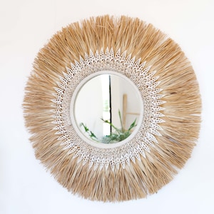 MAWI mirror - raffia and shells mirror, natural boho mirror wall decor
