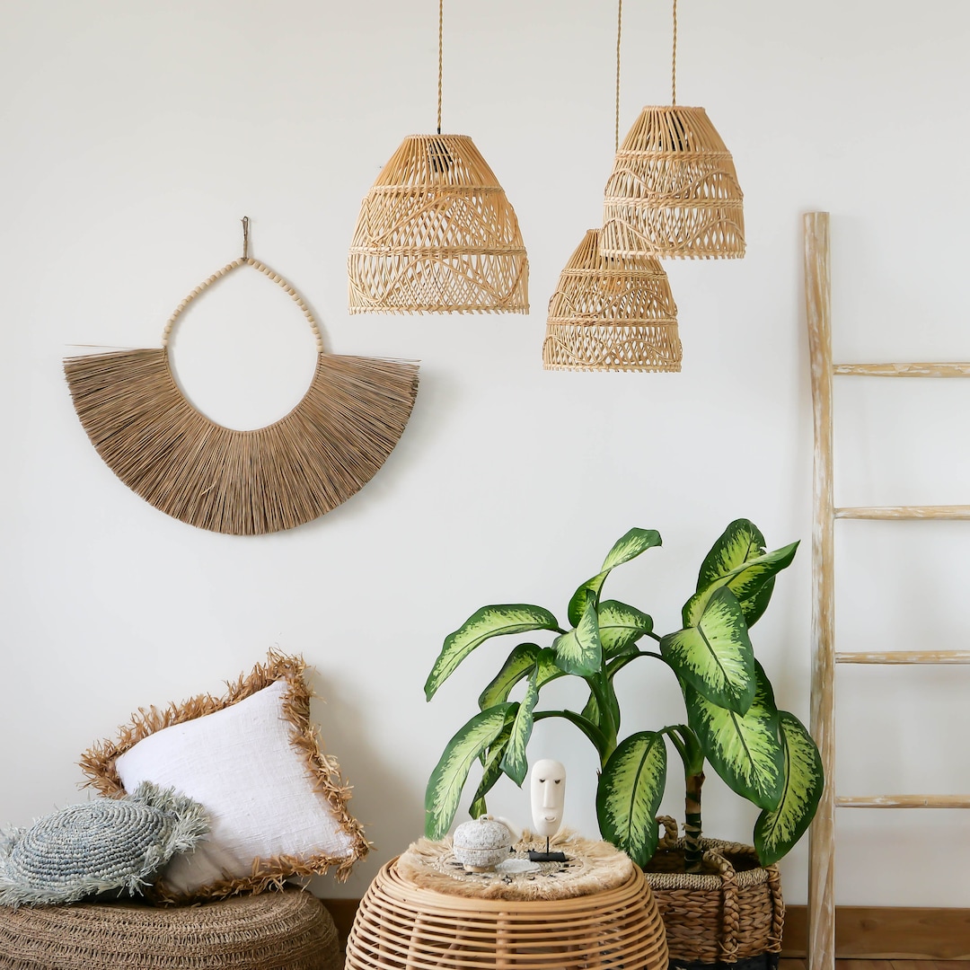 Rattan Pendelleuchte BUNAKEN 3er SET Boho Gewebter Lampenschirm Bauernhaus  Kronleuchter Handgefertigte Möbel und Dekor Plug In Pendelleuchte