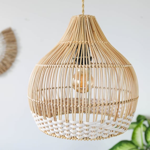 Handwoven Rattan Lampshade MOROTAI WHITE Wicker Hanging Light Boho