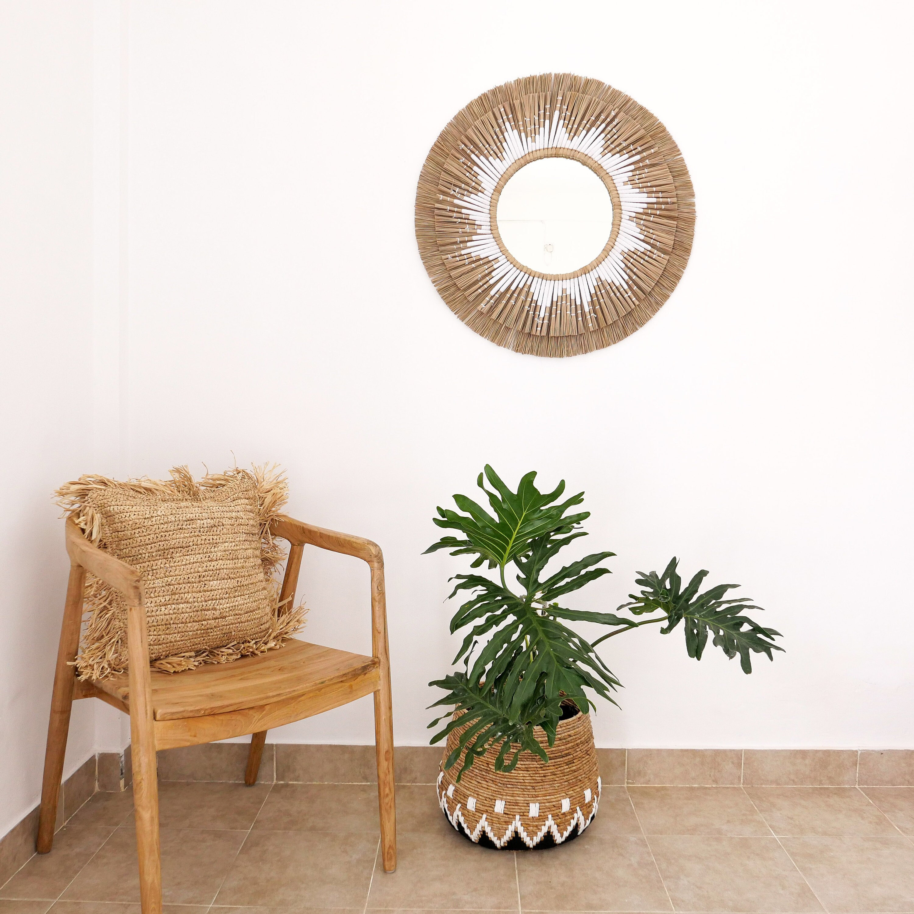 AMBON White - Raffia Sun Mirror, Natural Seagrass Boho Mirror Wall