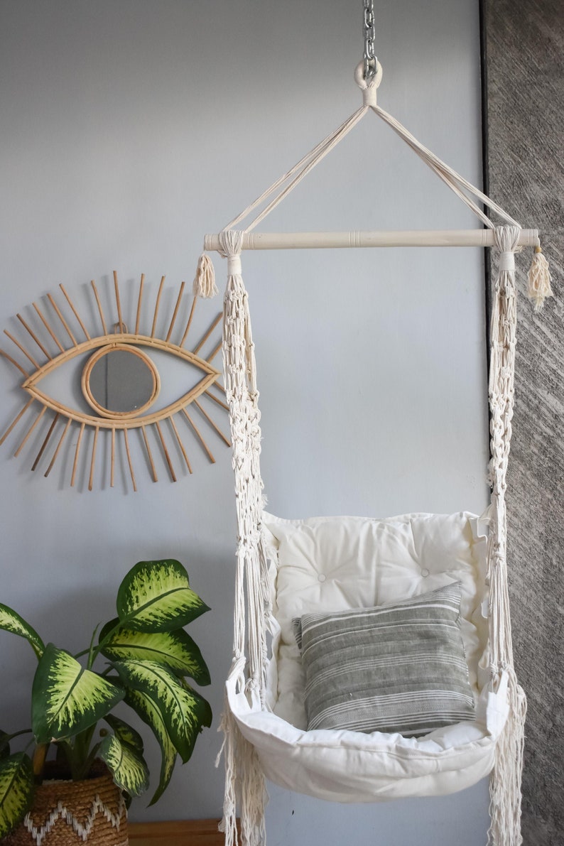 white macrame swing chair