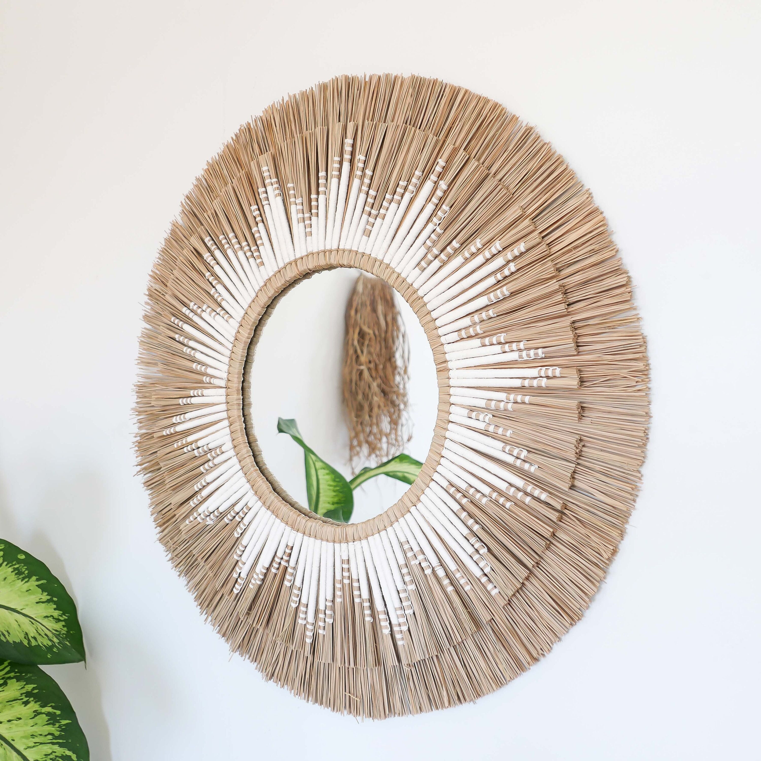 AMBON white - Raffia sun mirror, natural seagrass boho mirror wall decor
