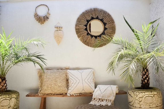 AMBON Black - Raffia Sun Mirror, Natural Seagrass Boho Mirror Wall