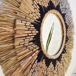 AMBON black - Raffia sun mirror, natural seagrass boho mirror wall decor