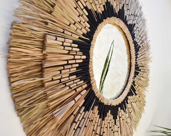 AMBON black - Raffia sun mirror, natural seagrass boho mirror wall decor