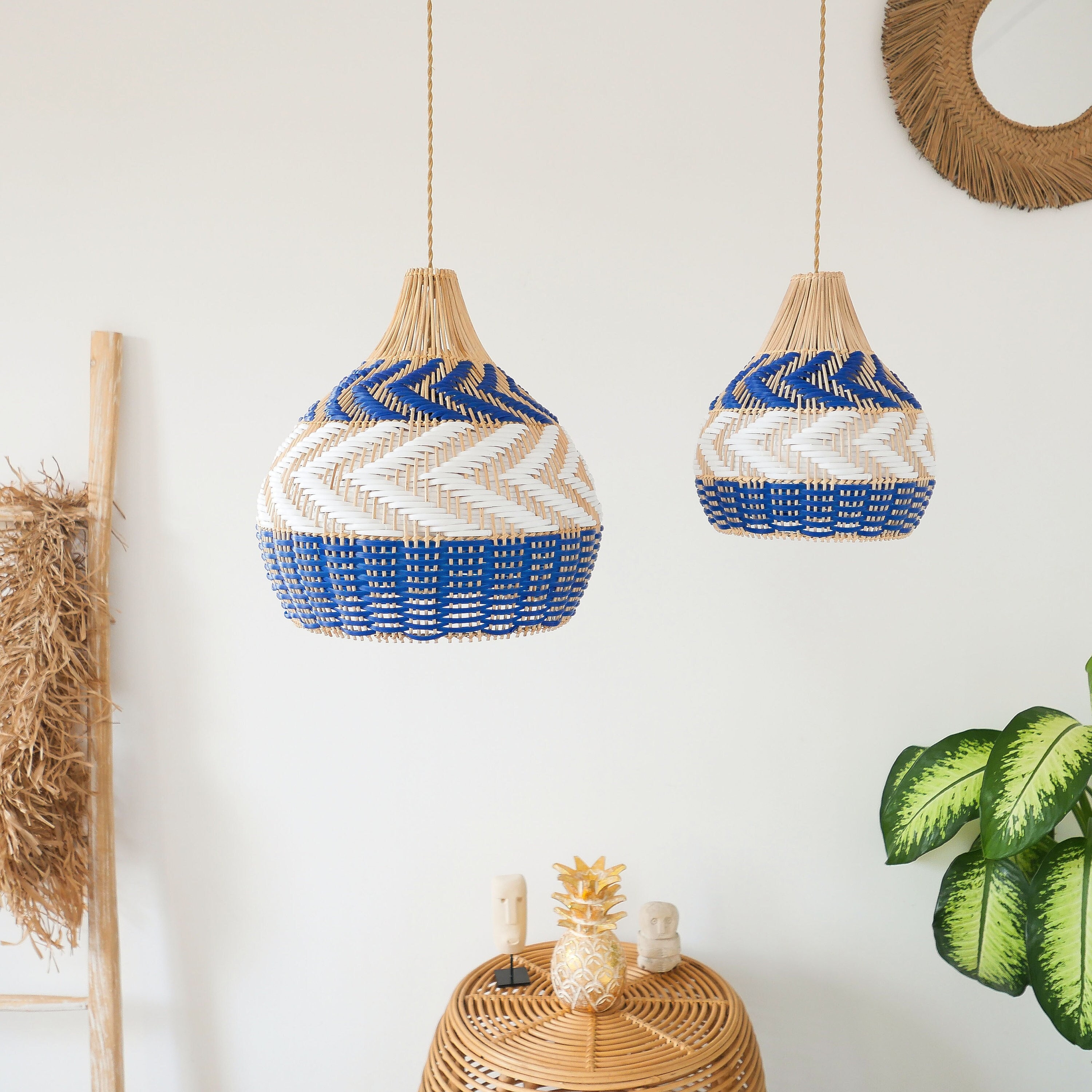 Handmade Rattan Lampshade HULUA BLUE Wicker Pendant Lamp Rustic