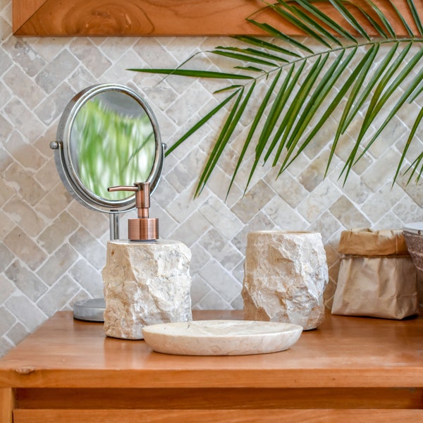 Marble bathroom accessories set | Natural Stone Hand Soap Dispenser | Bathroom Marble Decor | Toothbrush Holder | Soap dish | Boho Decor