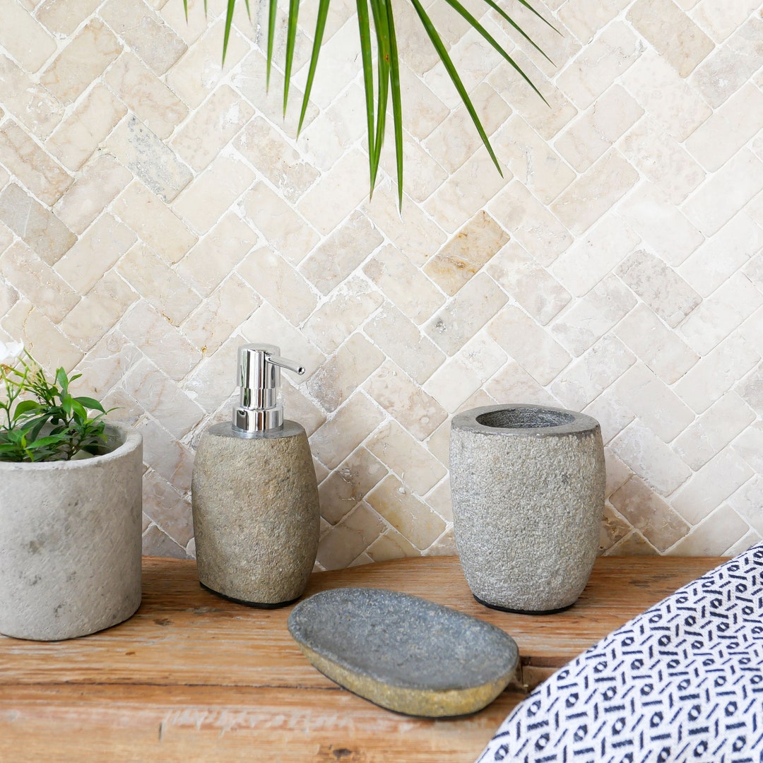 River Stone Bathroom Accessories Set, Natural Stone Hand Soap Dispenser