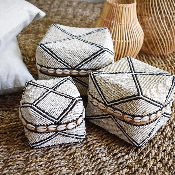 Black and white cream Decorative handmade beaded 002, woven bamboo boxes with shell, set of 3 beaded baskets, bohemian home decor