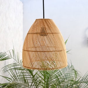 Pu&ograve; includere: Un lampadario a sospensione in vimini naturale con un paralume rotondo a forma di cupola.