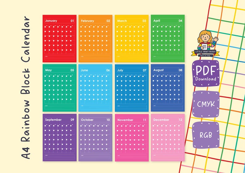 A4 Colour Block Calendar // PDF Digital Download // Wall Planner ...