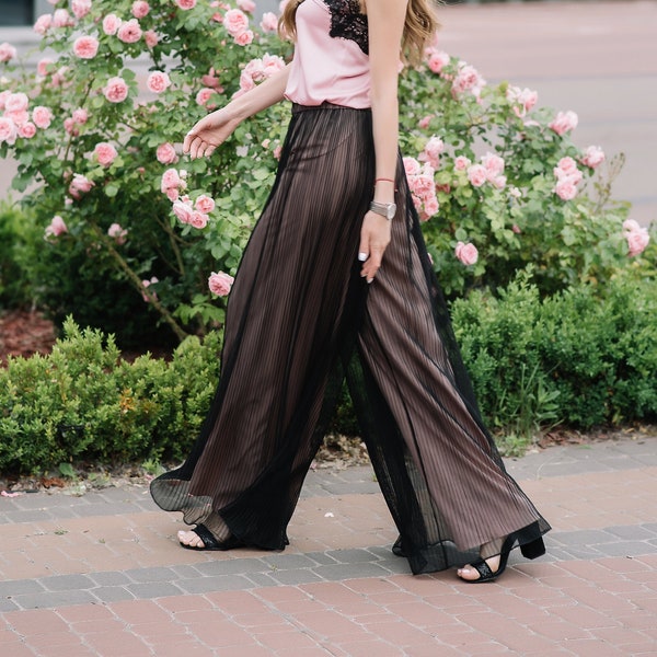 Black Tulle Chic Palazzo Pants, Tulle Pleated Palazzo Pants, Gorgeous Palazzo Pants, Transparent Palazzo Pants
