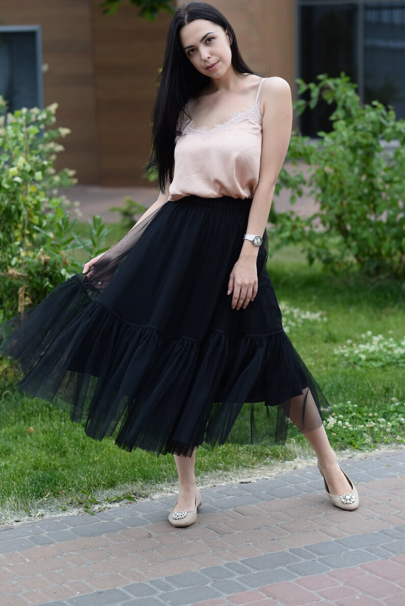 High Waist Tutu Tulle Skirt Mid-Calf Casual Tutu Skirt Black Transparent Mesh Midi Skirt Black Tutu Skirt