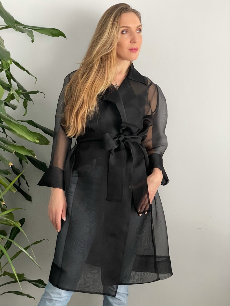 Gift for Her Gorgeous Transparent Coat Black Spring Organza Trench Coat Organza Robe Italian Silk Fabric Silk Organza Trench Coat