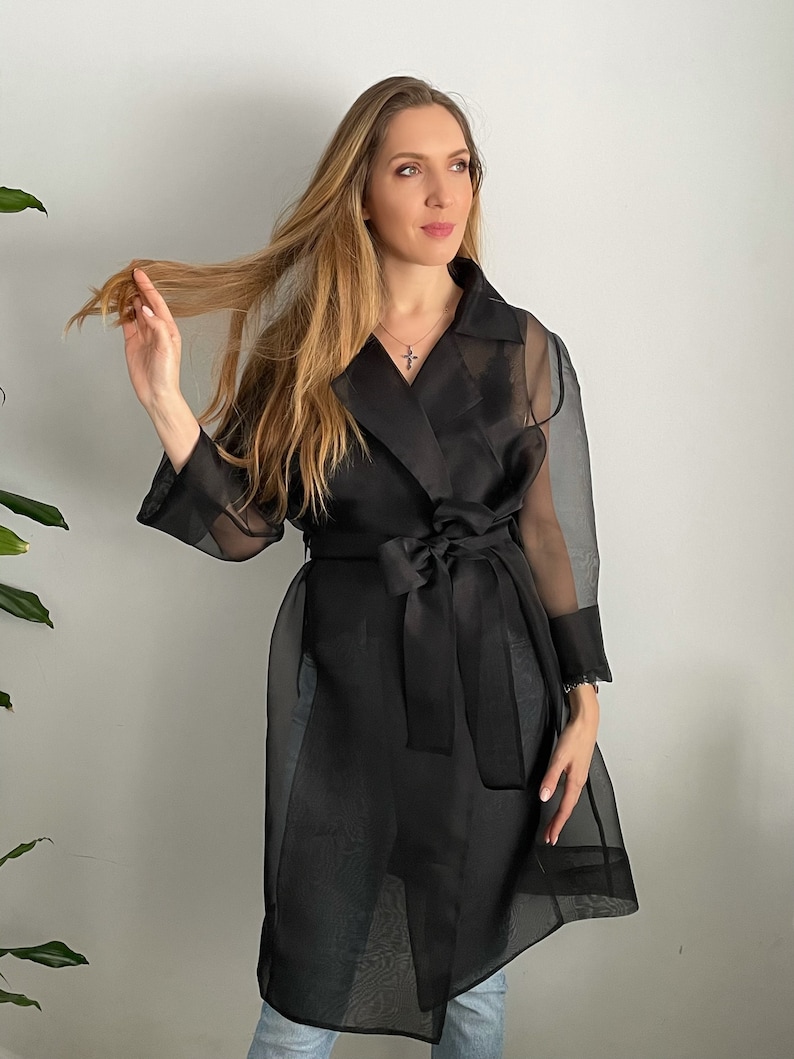 Gift for Her Gorgeous Transparent Coat Black Spring Organza Trench Coat Organza Robe Italian Silk Fabric Silk Organza Trench Coat
