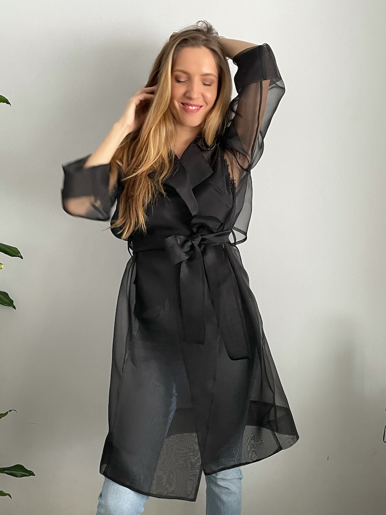Gift for Her Gorgeous Transparent Coat Black Spring Organza Trench Coat Organza Robe Italian Silk Fabric Silk Organza Trench Coat