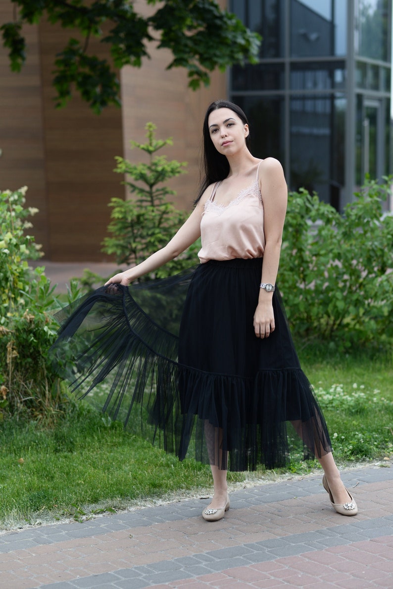 High Waist Tutu Tulle Skirt Mid-Calf Casual Tutu Skirt Black Transparent Mesh Midi Skirt Black Tutu Skirt