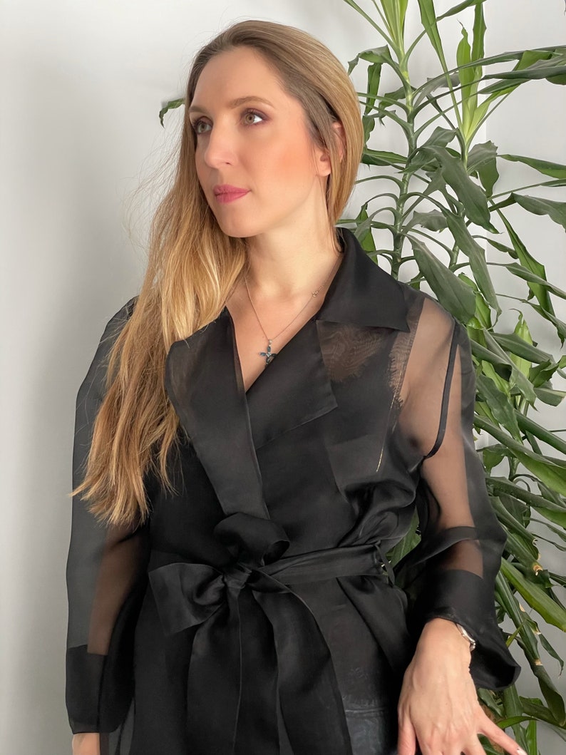 Gift for Her Gorgeous Transparent Coat Black Spring Organza Trench Coat Organza Robe Italian Silk Fabric Silk Organza Trench Coat