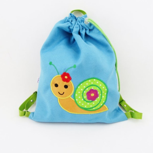 Turnbeutel mit Name, Tasche mit Schnecke, Gymsack, Kindergarten Beutel,  Rucksack, Kindergartenrucksack, Stoffbeutel, Geschenkbeutel