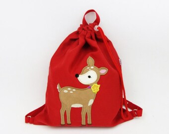 Turnbeutel mit Name, Tasche mit Hirsch, Gymsack, Kindergarten Beutel, Rucksack, Kindergartenrucksack, Stoffbeutel, Geschenkbeutel