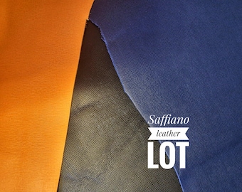 Gelbe, blaue und schwarze Saffiano Lederreste - texturierte Kalbshaut (mit Defekten)