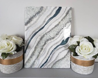 Silver Geode Painting - Teal Geode Art - Abstract Art- Resin Art -  Resin Painting- Art Décor- Wall Art - Luxury Painting- Holiday Gift- Rea