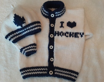 Handknit Baby boy sweater set 3 to 6 months Hockey Maple Leafs