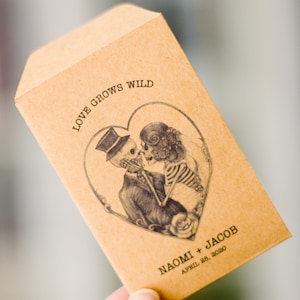 Pacchetti di semi di teschio, bomboniere a forma di teschio, bomboniere per matrimonio, regali di nozze a forma di teschio, Love Grows wild, busta di semi Kraft, matrimonio gotico