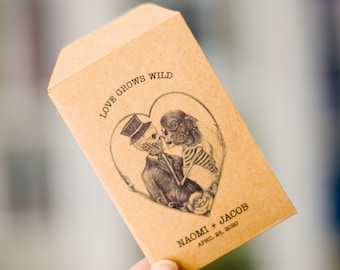 Skull Seed Packets, Skull Favors, Wedding Favors, Skull wedding gifts, Love Grows wild, Kraft Seed Envelope, gothic wedding