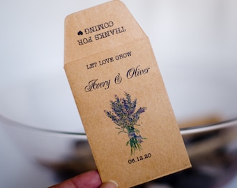 Paquetes de semillas de lavanda, paquetes de semillas personalizados, favores de boda, regalos de boda de lavanda, favores de fiesta, sobre de semillas Kraft, favores de lavanda