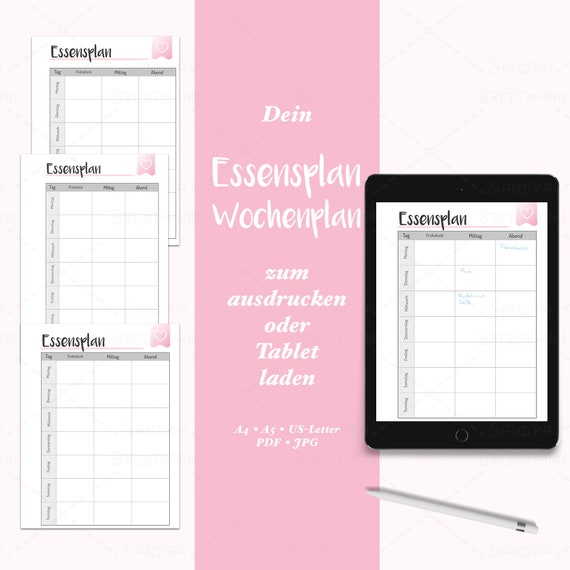 Essensplan Wochenplan In Rosa Zum Ausdrucken Oder Tablet Laden Etsy