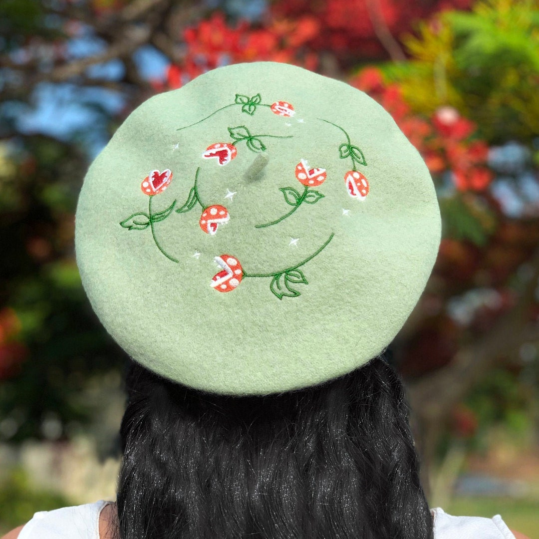 Embroidered Green Wool Beret - Mario Piranha Plant Bouquet