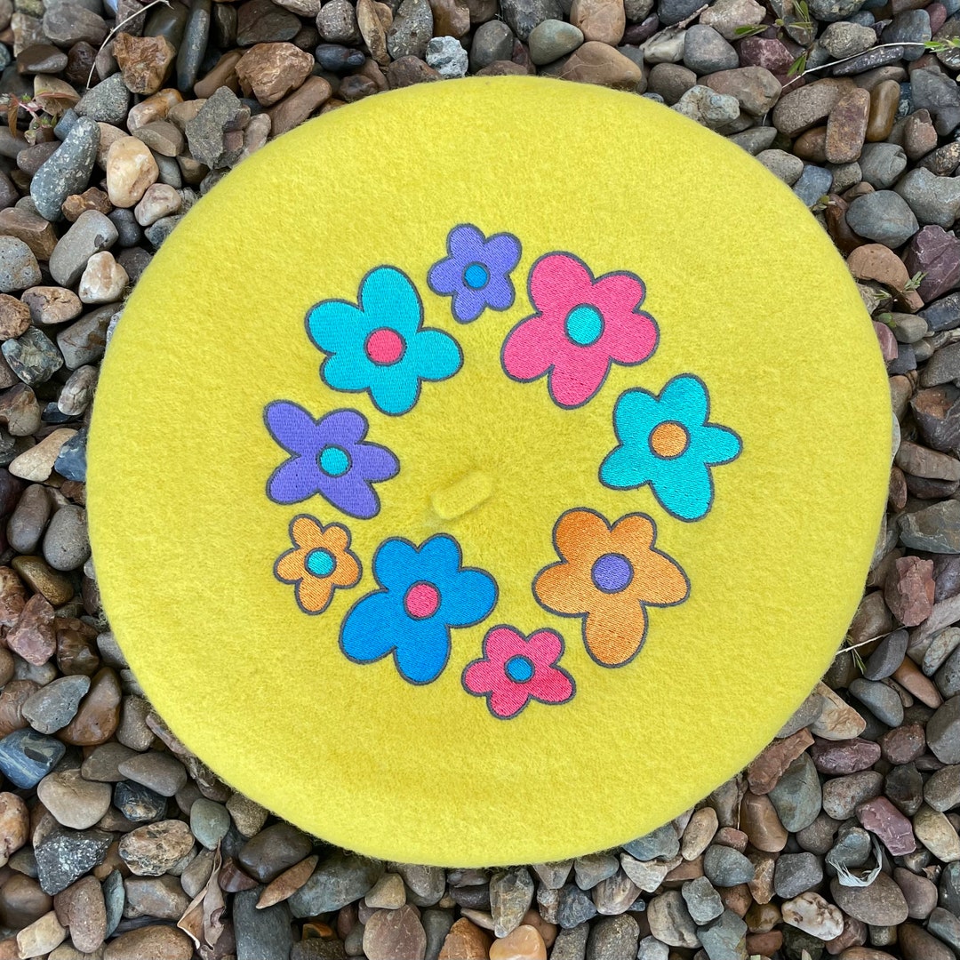 Embroidered Yellow Wool Beret with Colourful Flowers