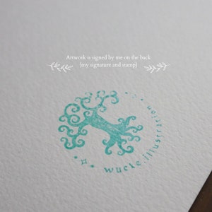 May include: A teal blue stamp with a stylized tree design and the text "wucke illustration" around the tree. The text "Artwork is signed by me on the back (my signature and stamp)" is written above the stamp.