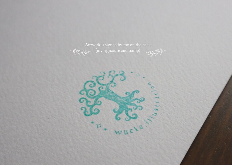 May include: A teal blue stamp with a stylized tree design and the text "wucke illustration" around the tree. The text "Artwork is signed by me on the back (my signature and stamp)" is written above the stamp.
