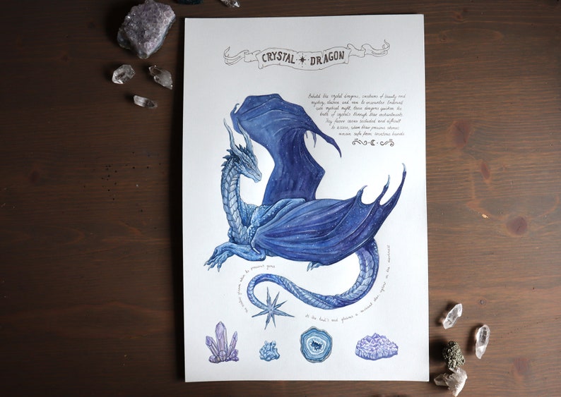 May include: A watercolor illustration of a blue crystal dragon with a starry sky pattern. The dragon is curled up with its wings spread out. The image includes the text "Crystal + Dragon" and a description of the dragon's characteristics.
