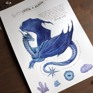 May include: A watercolor illustration of a blue crystal dragon with a starry pattern on its wings and body. The dragon is curled up with its wings spread out. The text "CRYSTAL DRAGON" is written in a banner above the dragon. There are several crystals drawn below the dragon.