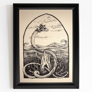 May include: Black and white ink drawing of a sea serpent emerging from the water, framed in a black frame.