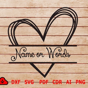 May include: A black and white graphic design of a heart with a banner underneath that says "Name or Words".