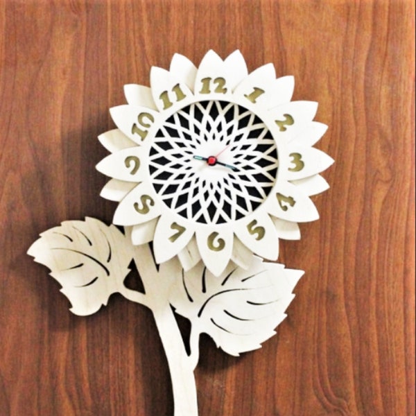 Dekorative Holzuhr, Sonnenblumenuhr Zuschnitt oder Druck Wand dekor, SVG Bundle Vektor Zeichnung, CNC Fräser Schneide rosen Blume,