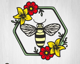 Bee with flowers SVG, bee flower Sublimation, flower SVG, Frame svg,  laser glowforge cuting , SVG Bundle Vector drawing, flowers clip art