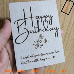 Feliz cumpleaños tarjeta de madera SVG DXF, Frame svg, corte láser glowforge, SVG Bundle Dibujo vectorial, ideal para cumpleaños para todas las edades