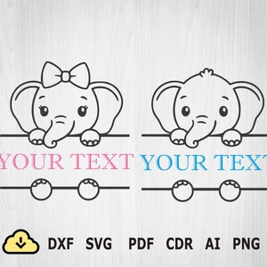 baby Elephant Monogram svg, modello di elefante per testi e nomi personalizzati, baby Elephant Split Name Frame -- set di 2 modelli --