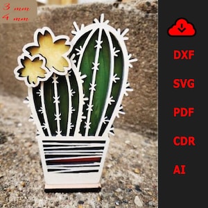 Wooden Cactus multilayer  laser cut , DIY 3D vector model for 3mm plywood with laser engraving decoration, cactus pot table decoration SVG